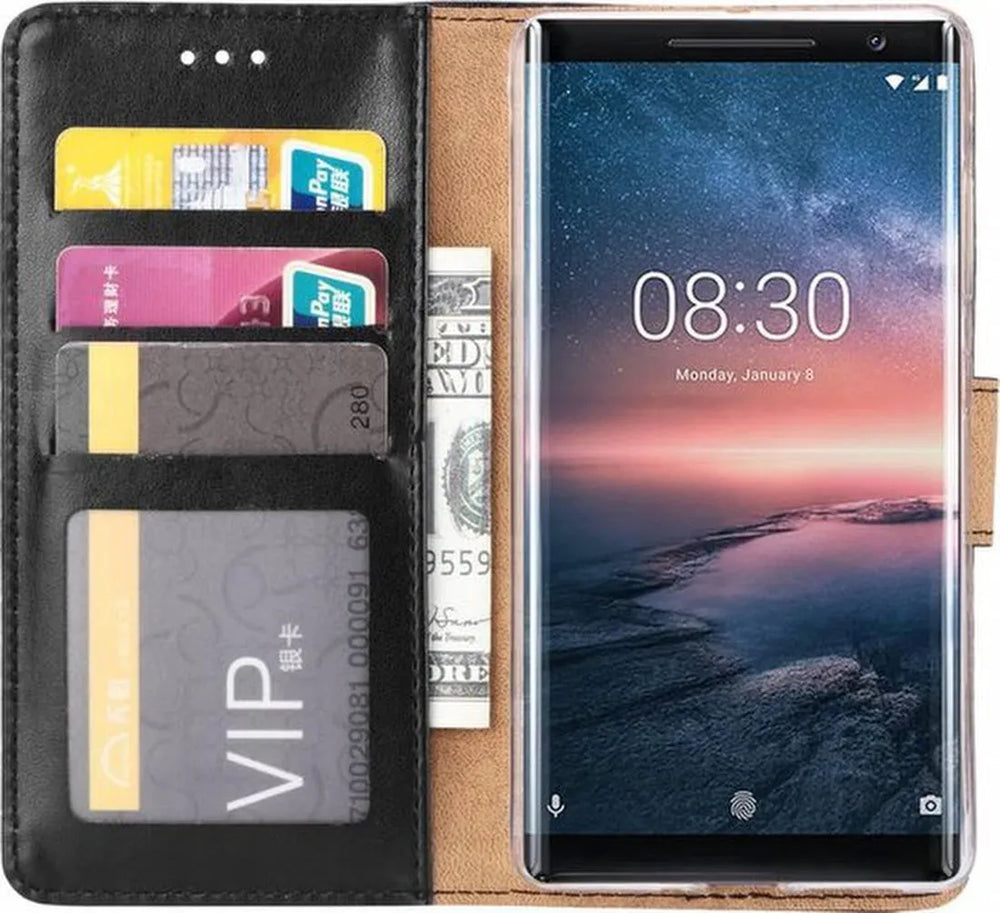 Nokia 8 Sirocco Hoesjes – Bookcase Portemonnee Hoes – Pasjeshouder – Magneetsluiting – Zwart-Ilumina Benelux