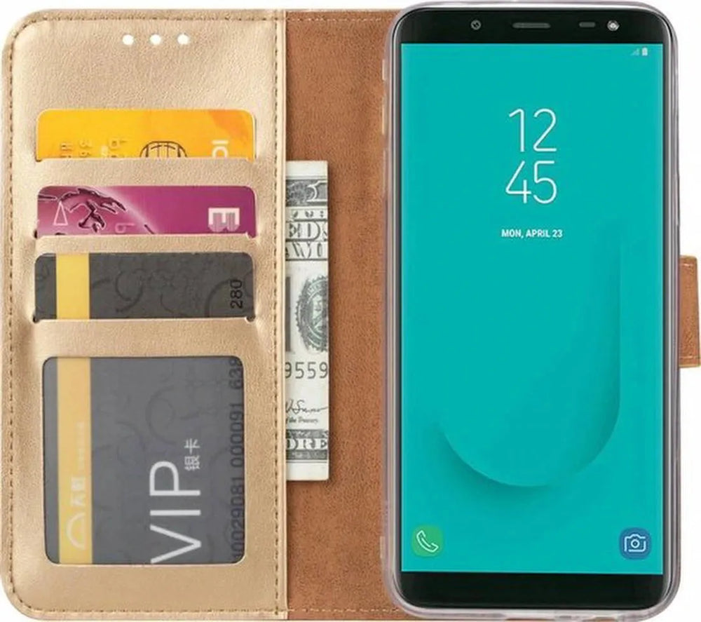 Samsung Galaxy J6 2018 Hoesjes – Portemonnee Hoes – Magneetsluiting – Pasjeshouder – Goud-Ilumina Benelux