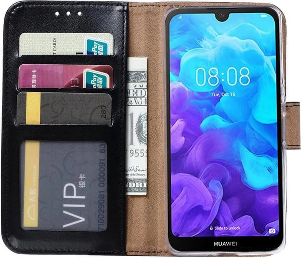 Huawei Y5 2019 Hoesjes – Portemonnee Hoes – Bookcase – Pasjeshouder – Zwart-Ilumina Benelux