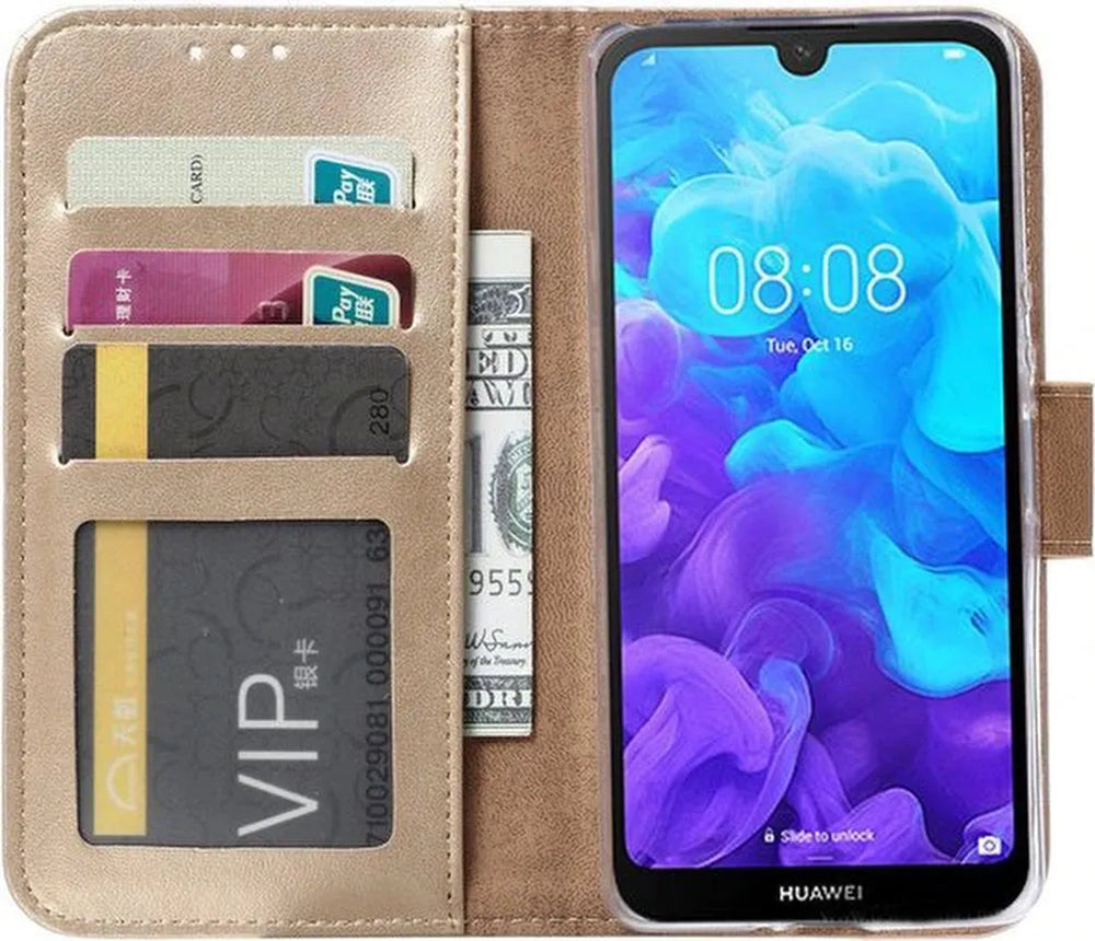 Huawei Y5 2019 Hoesjes – Bookcase Portemonnee Hoes – Pasjeshouder – Magneetsluiting – Goud-Ilumina Benelux