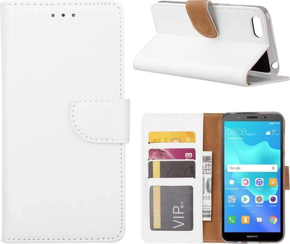 Huawei Y5 2018 Hoesjes – Portemonnee Hoes – Pasjeshouder – Magneetsluiting – Wit-Ilumina Benelux