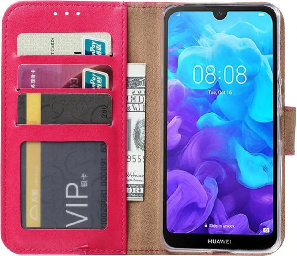Huawei Y5 2019 Hoesjes – Portemonnee Hoes – Pasjeshouder – Magneetsluiting – Roze-Ilumina Benelux