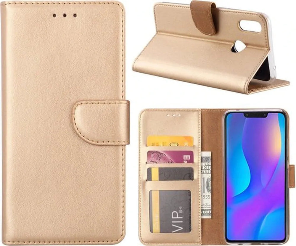 Huawei P Smart Plus 2018 Hoesjes – Portemonnee Hoes – Magneetsluiting – Pasjeshouder – Goud-Ilumina Benelux