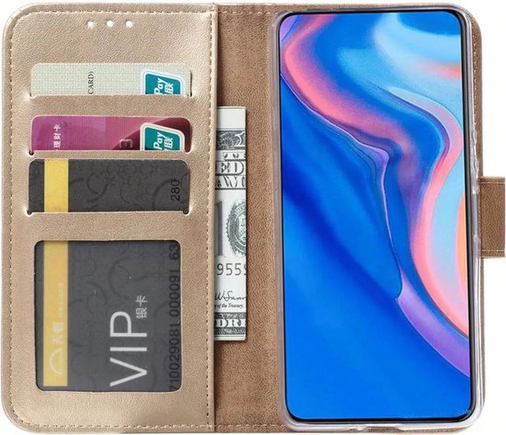 Huawei P Smart Z Hoesjes – Portemonnee Bookcase – Pasjeshouder – Magneetsluiting – Goud-Ilumina Benelux