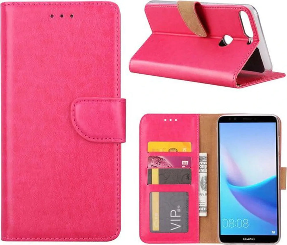 Huawei Y7 2018 Hoesjes – Portemonnee Hoes – Pasjeshouder – Magneetsluiting – Roze-Ilumina Benelux