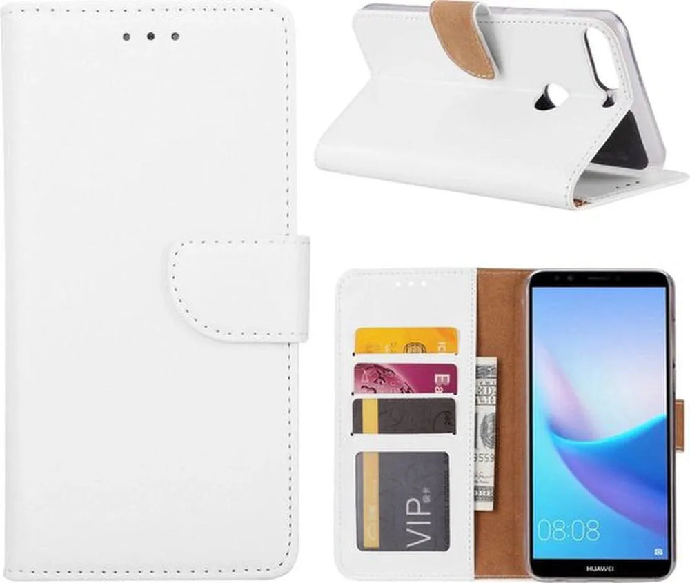 Huawei Y7 2018 Hoesjes – Portemonnee Bookcase – Pasjeshouder – Magneetsluiting – Wit-Ilumina Benelux