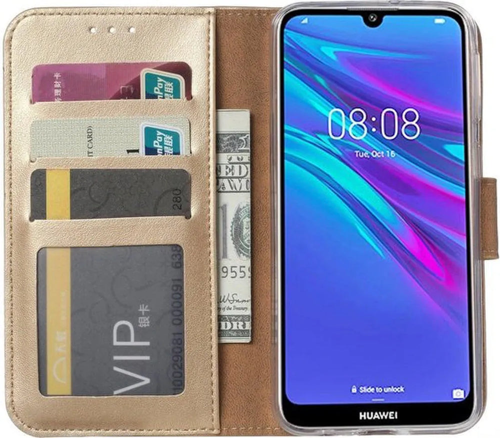 Huawei Y6 2019 Hoesjes – Portemonnee Bookcase – Pasjeshouder – Magneetsluiting – Goud-Ilumina Benelux