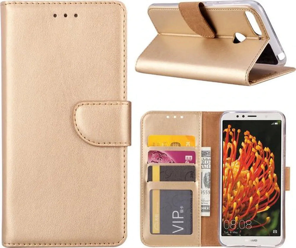 Huawei Y6 2018 Hoesjes – Bookcase Portemonnee Hoes – Pasjeshouder – Magneetsluiting – Goud-Ilumina Benelux