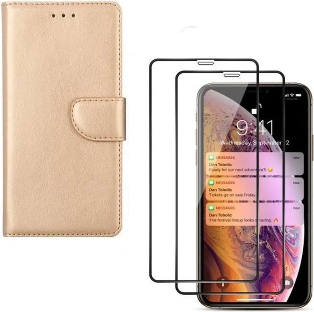 iPhone XR Hoesjes – Bookcase Portemonnee – Magneetsluiting – 2x Full Screenprotector – Goud-Ilumina Benelux