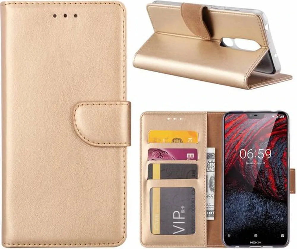 Nokia 6.1 Plus Hoesjes – Bookcase Portemonnee – Pasjeshouder – Magneetsluiting – Goud-Ilumina Benelux