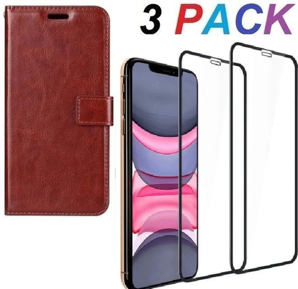 iPhone 11 Hoesjes – Bookcase Portemonnee – Magneetsluiting – Bruin – Inclusief 2x Full Screenprotector-Ilumina Benelux