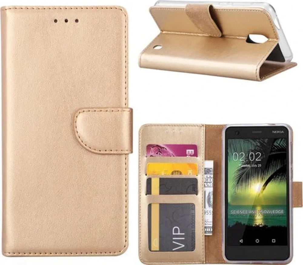 Nokia 2 Hoesjes – Portemonnee Hoes – Magneetsluiting – Inclusief 2x Screenprotector – Goud-Ilumina Benelux