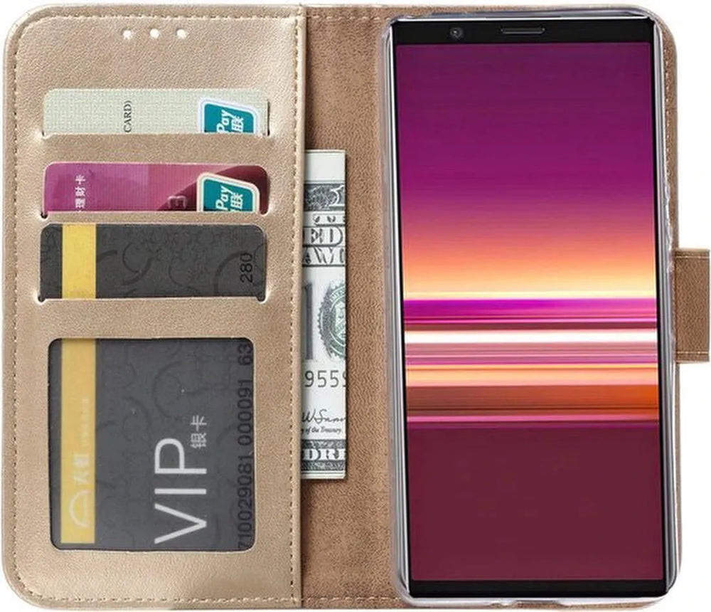 Sony Xperia 5 Hoesjes – Portemonnee Bookcase – Pasjeshouder – Magneetsluiting – Goud-Ilumina Benelux