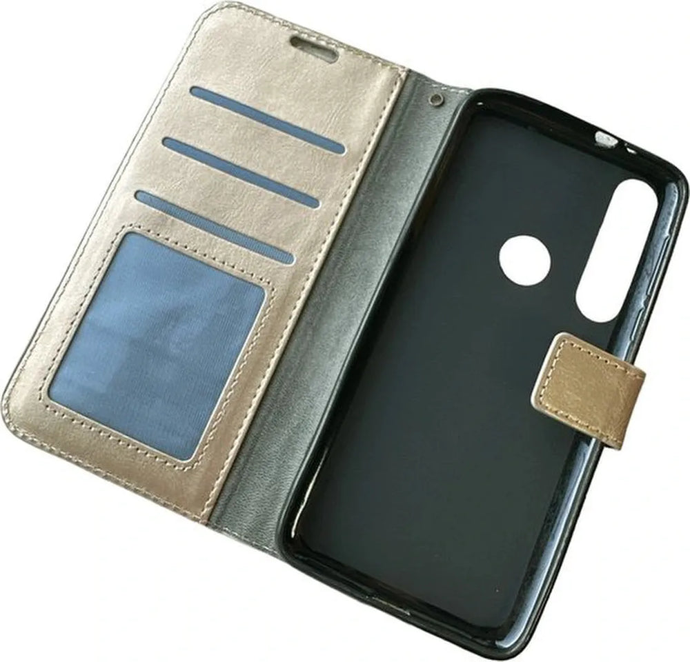 Motorola Moto G8 Plus Hoesjes – Portemonnee Bookcase – Pasjeshouder – Magneetsluiting – Goud-Ilumina Benelux