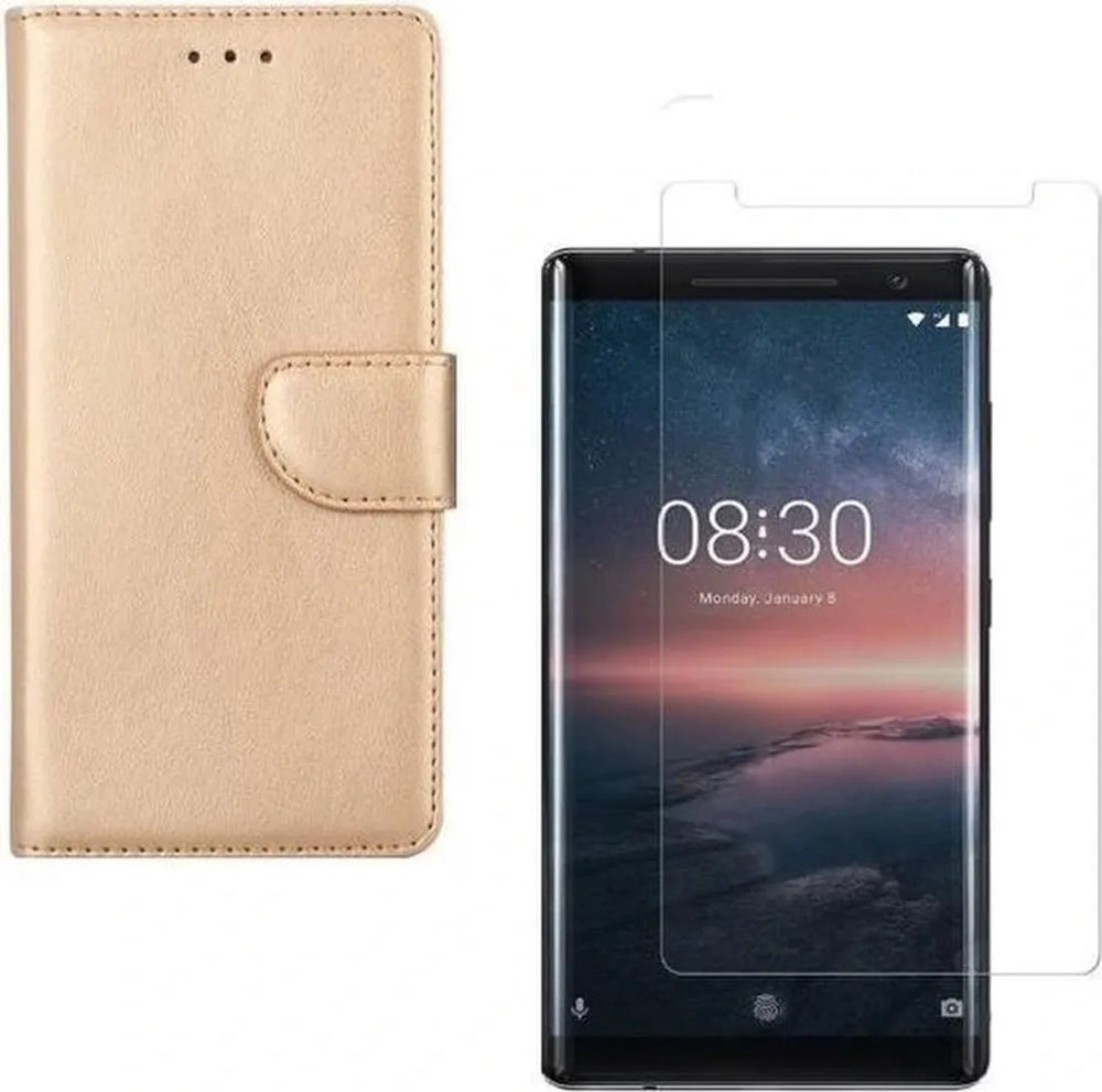 Nokia 8 Sirocco Hoesjes – Portemonnee Hoes – Magneetsluiting – Pasjeshouder – Goud + 2x Screenprotector-Ilumina Benelux