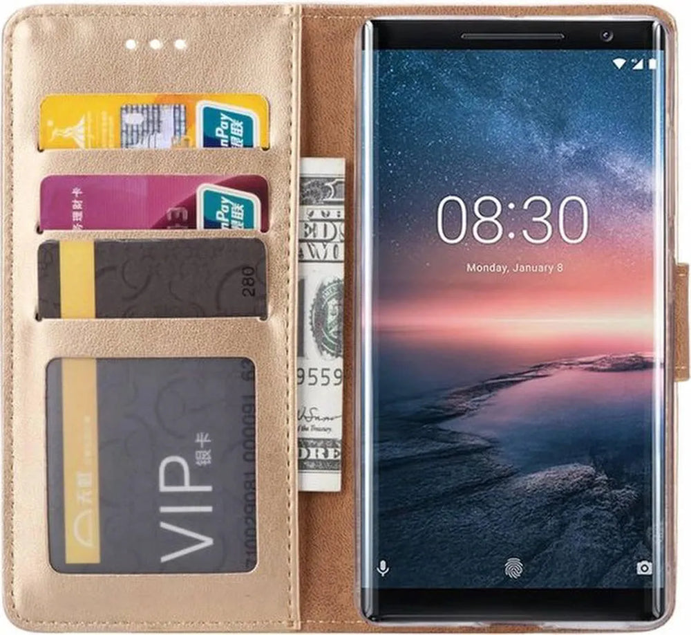 Nokia 8 Sirocco Hoesjes – Portemonnee Hoes – Magneetsluiting – Pasjeshouder – Goud + 2x Screenprotector-Ilumina Benelux