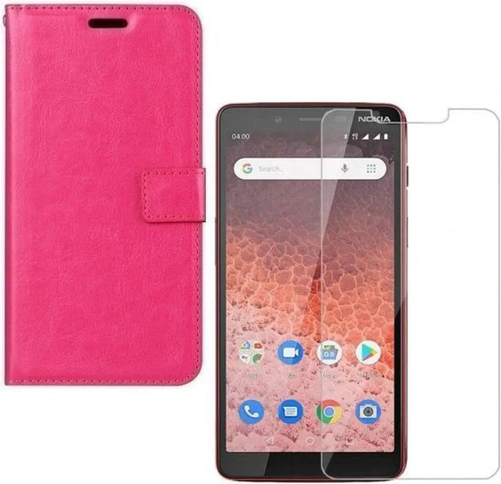 Nokia 1 Plus Hoesjes – Portemonnee Hoes – Magneetsluiting – Pasjeshouder – Roze + 2x Screenprotector-Ilumina Benelux