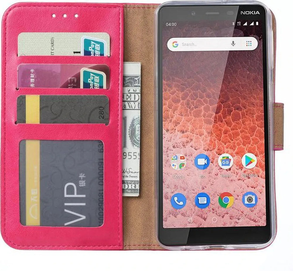 Nokia 1 Plus Hoesjes – Portemonnee Hoes – Magneetsluiting – Pasjeshouder – Roze + 2x Screenprotector-Ilumina Benelux