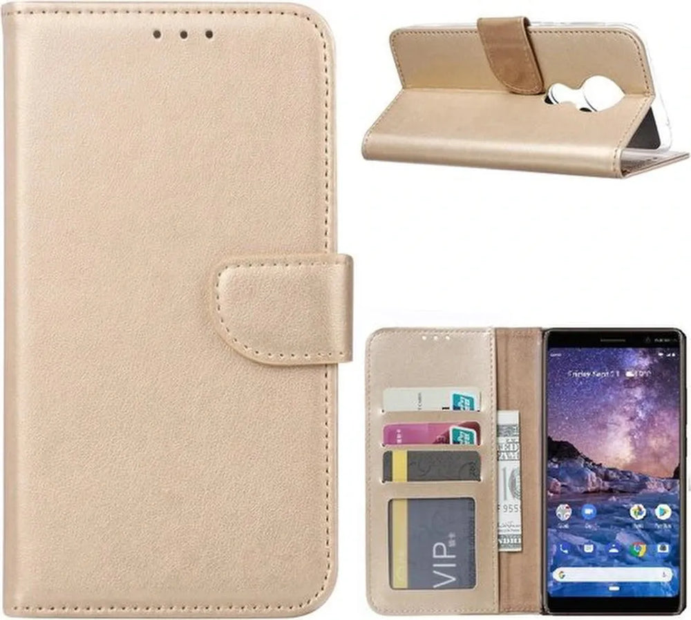 Nokia 6.2 Hoesjes – Portemonnee Hoes – Magneetsluiting & Pasjeshouder – Inclusief 2x Screenprotector – Goud-Ilumina Benelux