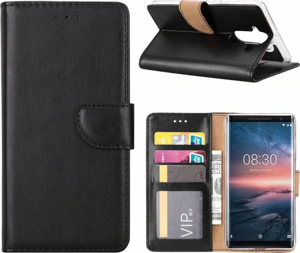 Nokia 8 Sirocco Hoesjes – Portemonnee Hoes – Magneetsluiting – Pasjeshouder – Zwart + 2x Screenprotector-Ilumina Benelux