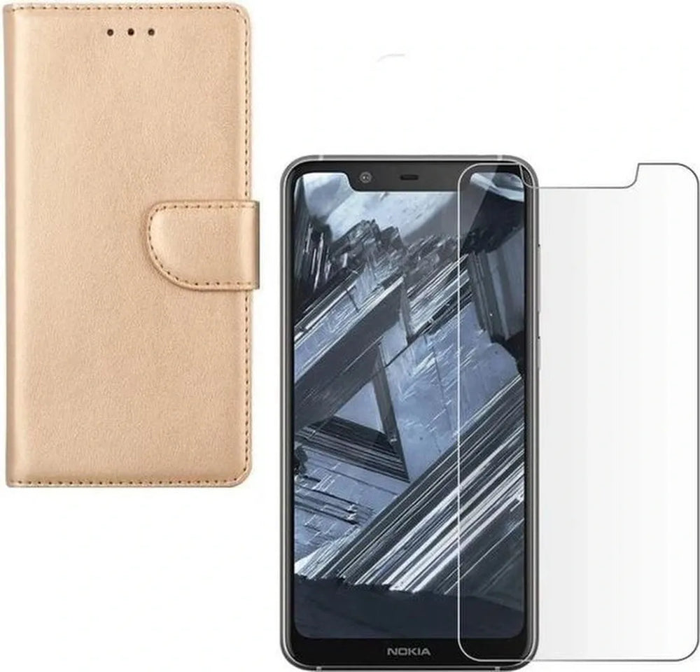 Nokia 5.1 Plus Hoesjes – Portemonnee Hoes – Magneetsluiting – Inclusief 2x Screenprotector – Goud-Ilumina Benelux