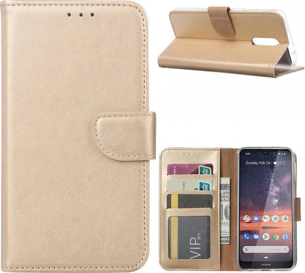 Nokia 3.2 Hoesjes – Portemonnee Hoes – Magneetsluiting – Pasjeshouder – Goud + 2x Screenprotector-Ilumina Benelux