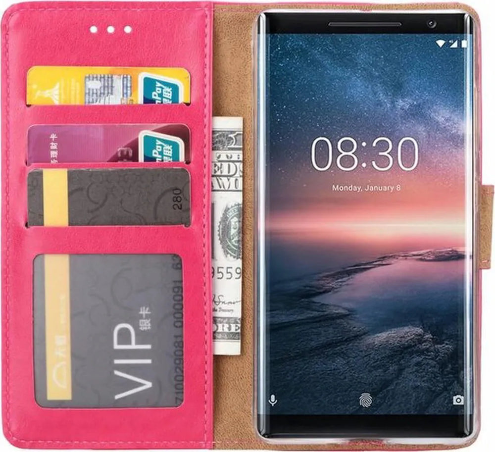 Nokia 8 Sirocco Hoesjes – Portemonnee Hoes – Pasjeshouder – 2x Screenprotector – Roze-Ilumina Benelux