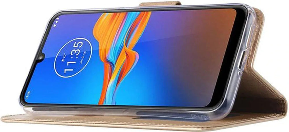 Motorola Moto E6 Plus Hoesjes – Portemonnee Hoes – Pasjeshouder – Magneetsluiting – Goud-Ilumina Benelux