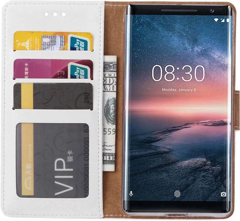 Nokia 8 Sirocco Hoesjes – Bookcase Portemonnee – Magneetsluiting – 2x Screenprotector – Wit-Ilumina Benelux