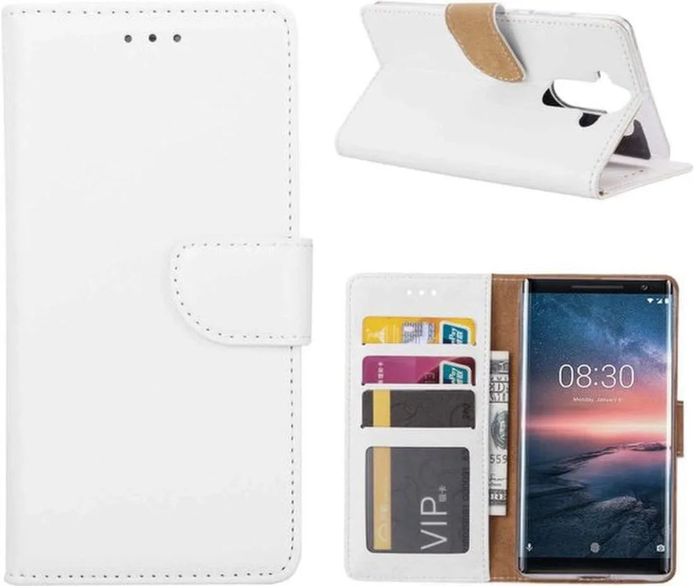 Nokia 8 Sirocco Hoesjes – Bookcase Portemonnee – Magneetsluiting – 2x Screenprotector – Wit-Ilumina Benelux