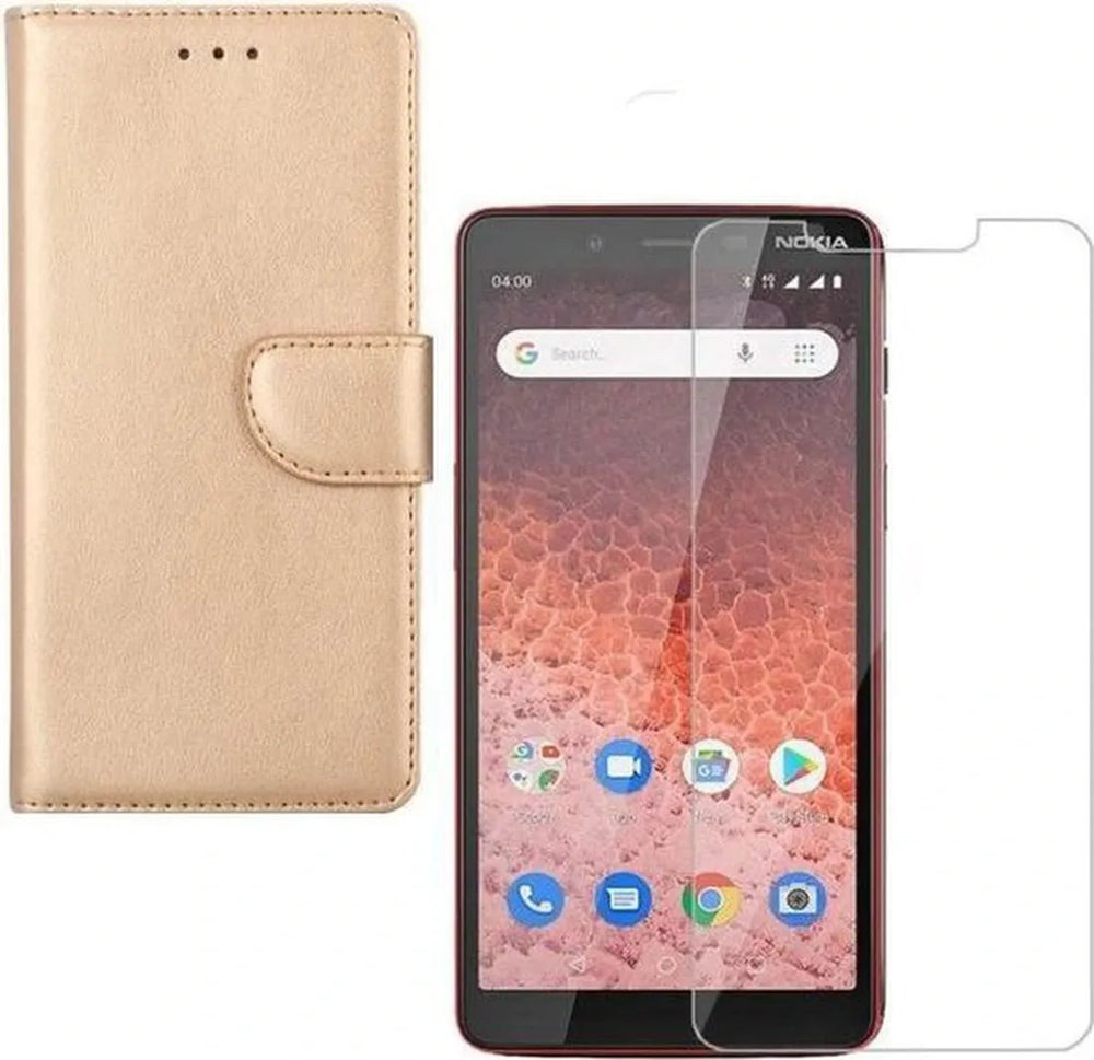 Nokia 1 Plus Hoesjes – Portemonnee Hoes – Pasjeshouder – 2x Screenprotector – Goud-Ilumina Benelux