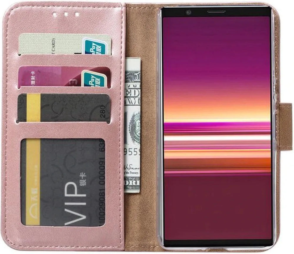 Sony Xperia 5 Hoesjes – Bookcase Portemonnee Hoes – Pasjeshouder – Magneetsluiting – Roségoud-Ilumina Benelux