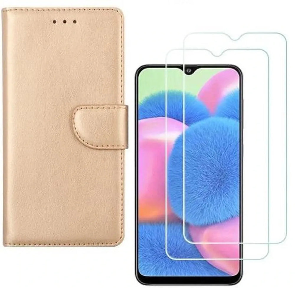 Samsung Galaxy A30S Hoesjes – Portemonnee Hoes – Magneetsluiting – Pasjeshouder – Goud + 2x Gehard Glas Screenprotector-Ilumina Benelux