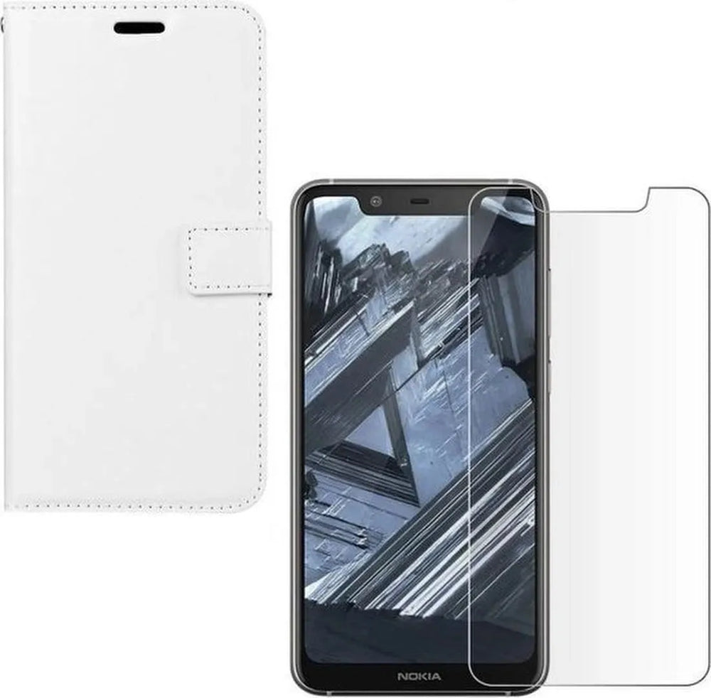 Nokia 5.1 Plus Hoesjes – Portemonnee Hoes – Magneetsluiting – Pasjeshouder – Wit + 2x Screenprotector-Ilumina Benelux