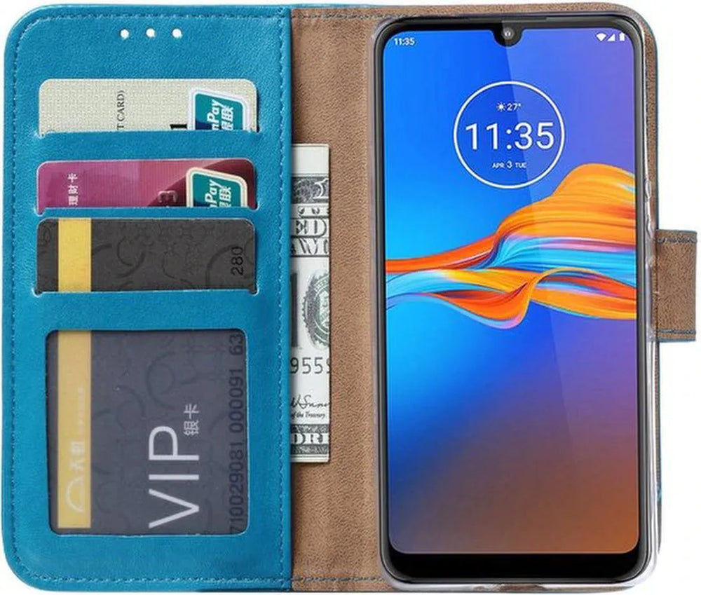 Motorola Moto E6 Plus Hoesjes – Portemonnee Backcover – Pasjeshouder – 2x Screenprotector – Turquoise-Ilumina Benelux