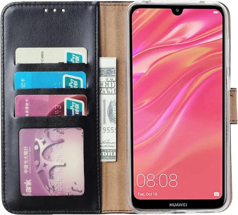 Huawei Y7 (2019) Hoesjes – Portemonnee Hoes – Pasjeshouder – Inclusief 2x Screenprotector – Zwart-Ilumina Benelux