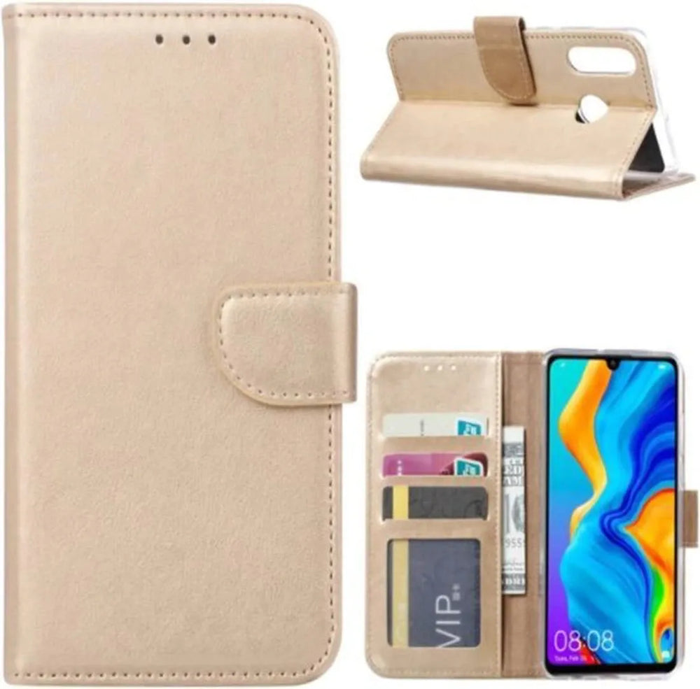 Huawei P30 Lite Hoesjes – Portemonnee Backcover – Magneetsluiting & Pasjeshouder – 2x Screenprotector – Goud-Ilumina Benelux