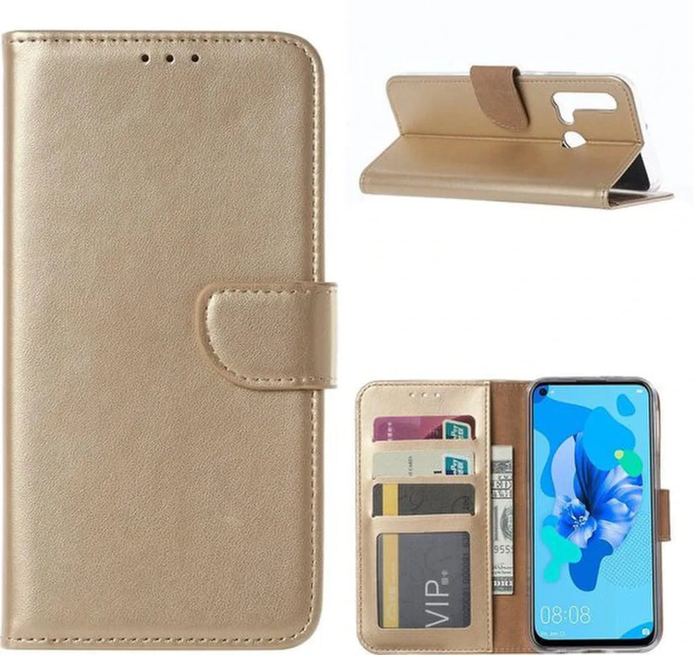 Huawei P20 Lite 2019 Hoesjes – Portemonnee Backcover – Pasjeshouder – 2x Screenprotector – Goud-Ilumina Benelux