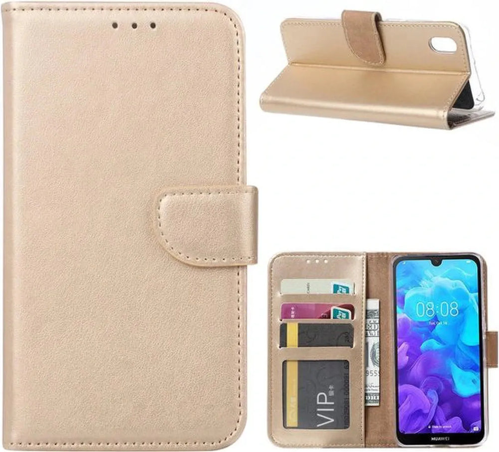 Huawei Y5 (2019) Hoesjes – Portemonnee Backcover – Pasjeshouder – 2x Screenprotector – Goud-Ilumina Benelux