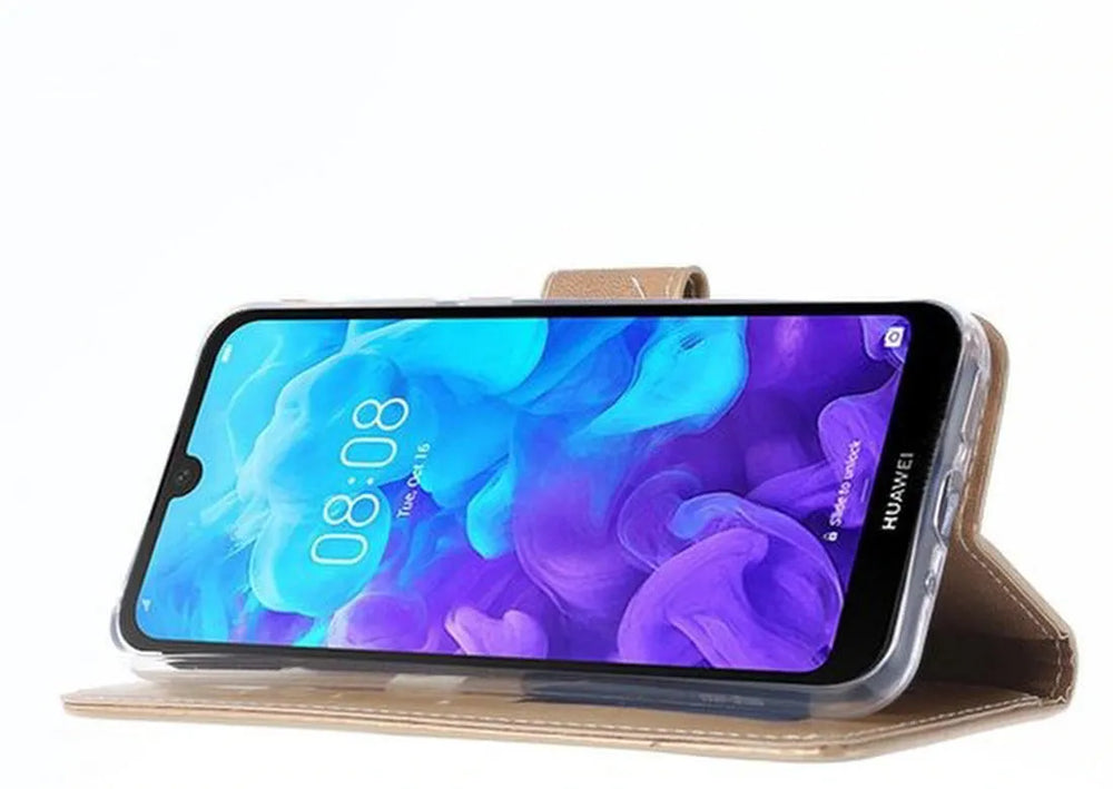 Huawei Y5 (2019) Hoesjes – Portemonnee Backcover – Pasjeshouder – 2x Screenprotector – Goud-Ilumina Benelux