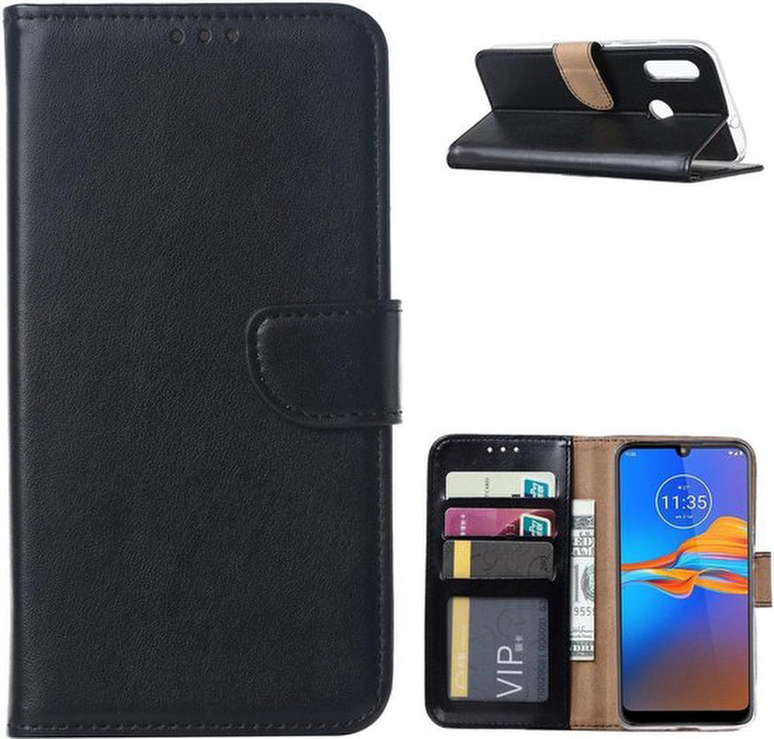Motorola Moto E6 Plus Hoesjes – Portemonnee Backcover – Magneetsluiting & Pasjeshouder – Incl. 2x Screenprotector – Zwart