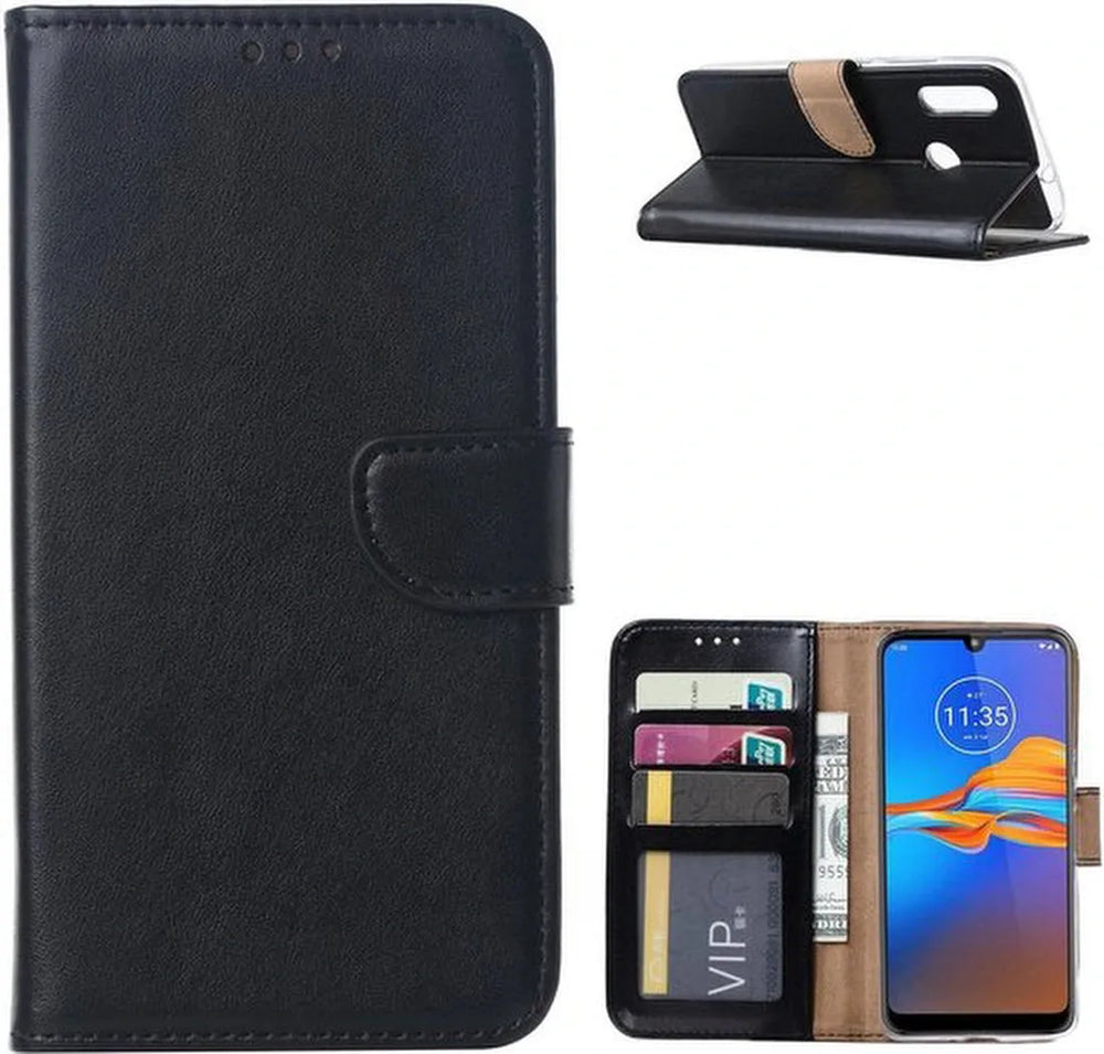 Motorola Moto E6 Plus Hoesjes – Portemonnee Backcover – Magneetsluiting & Pasjeshouder – Incl. 2x Screenprotector – Zwart-Ilumina Benelux