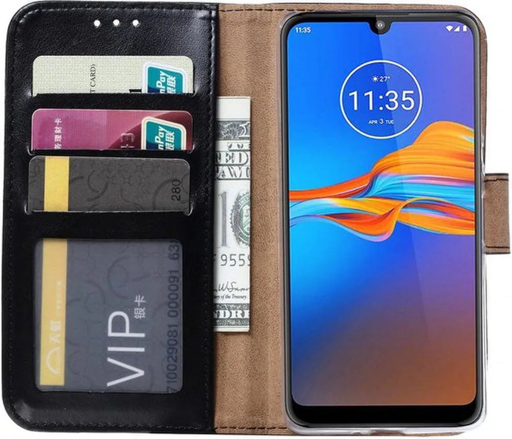 Motorola Moto E6 Plus Hoesjes – Portemonnee Backcover – Magneetsluiting & Pasjeshouder – Incl. 2x Screenprotector – Zwart-Ilumina Benelux