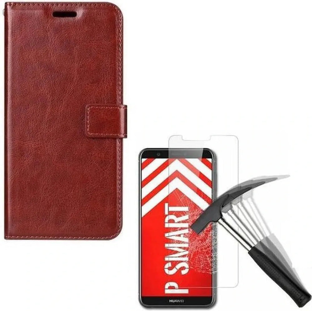 Huawei P Smart 2018 Hoesjes – Portemonnee Backcover – Magneetsluiting – 2x Screenprotector – Bruin-Ilumina Benelux