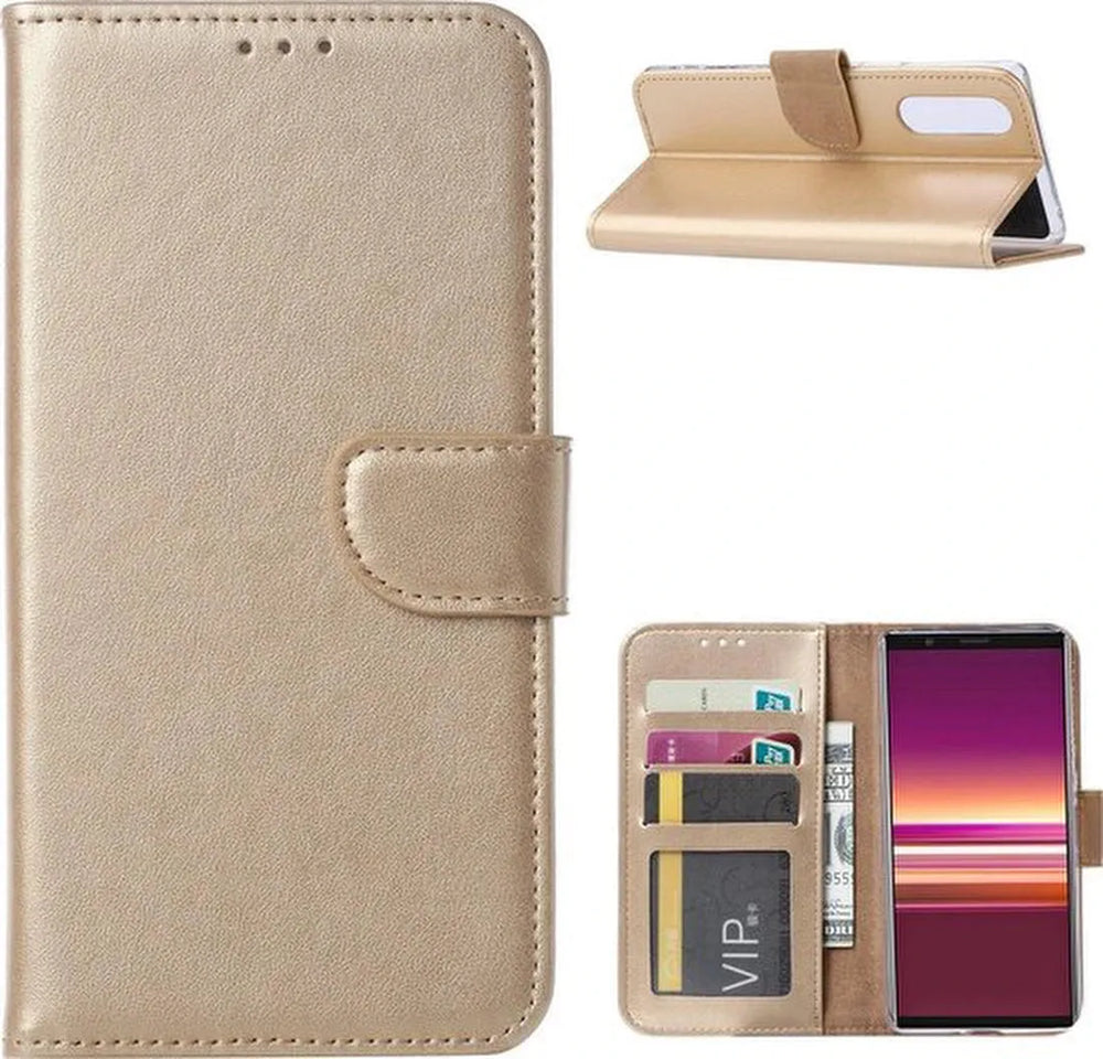 Sony Xperia 5 Hoesjes – Portemonnee Hoes – Pasjeshouder – 2x Screenprotector – Goud-Ilumina Benelux