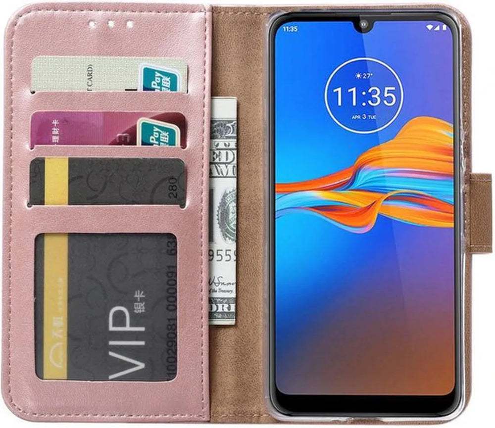 Motorola Moto E6 Plus Hoesjes – Portemonnee Backcover – Pasjeshouder – 2x Screenprotector – Roségoud-Ilumina Benelux