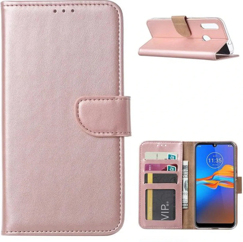 Motorola Moto E6 Plus Hoesjes – Portemonnee Backcover – Pasjeshouder – 2x Screenprotector – Roségoud-Ilumina Benelux
