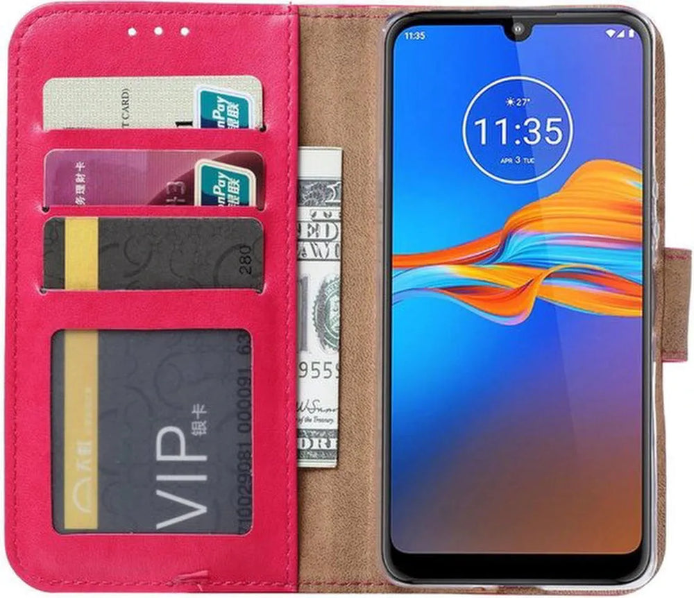 Motorola Moto E6 Plus Hoesjes – Portemonnee Backcover – Pasjeshouder – 2x Screenprotector – Roze-Ilumina Benelux