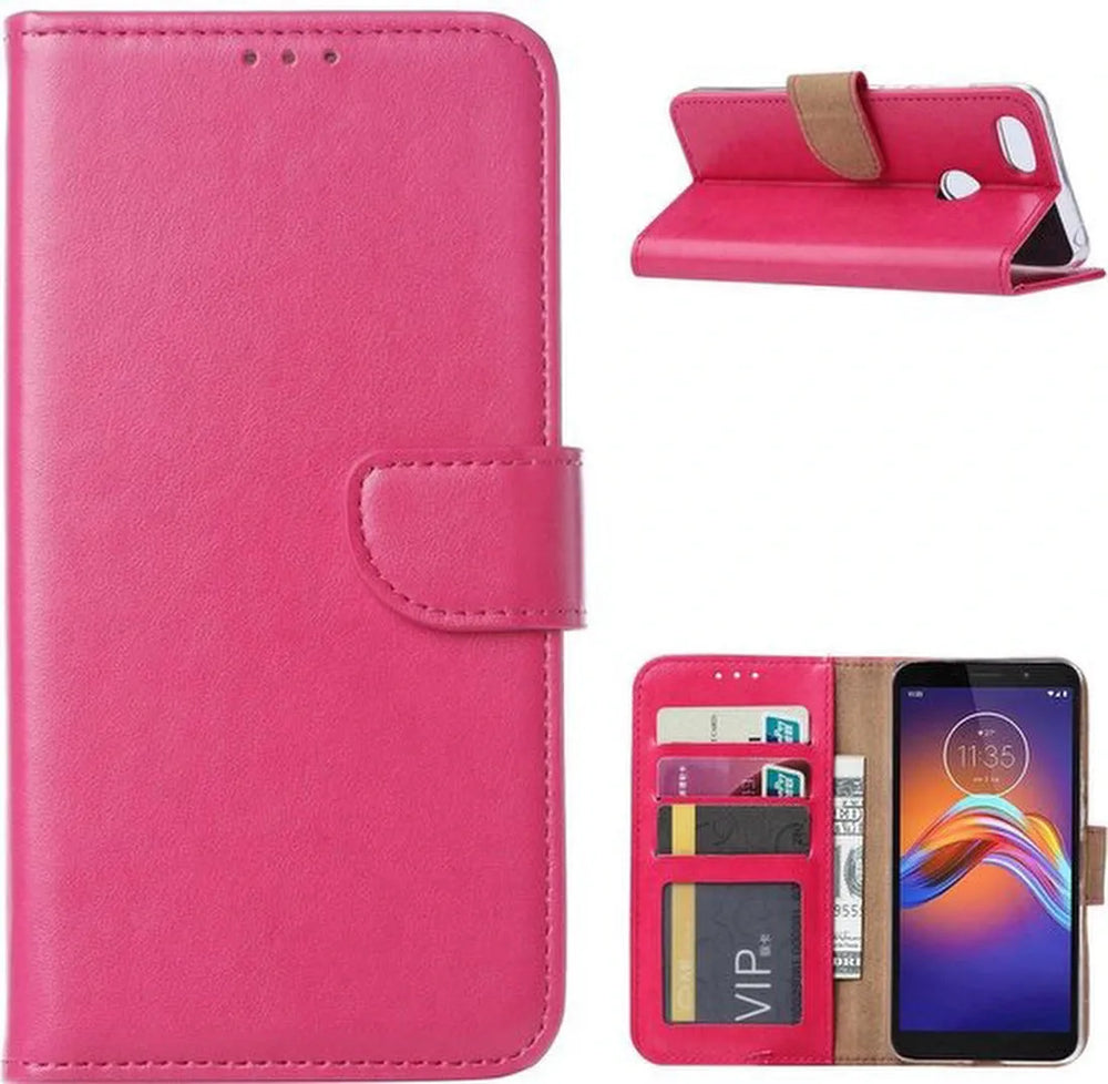 Motorola Moto E6 Play Hoesjes – Portemonnee Hoes – Pasjeshouder – Magneetsluiting – Roze + 2x Screenprotector-Ilumina Benelux