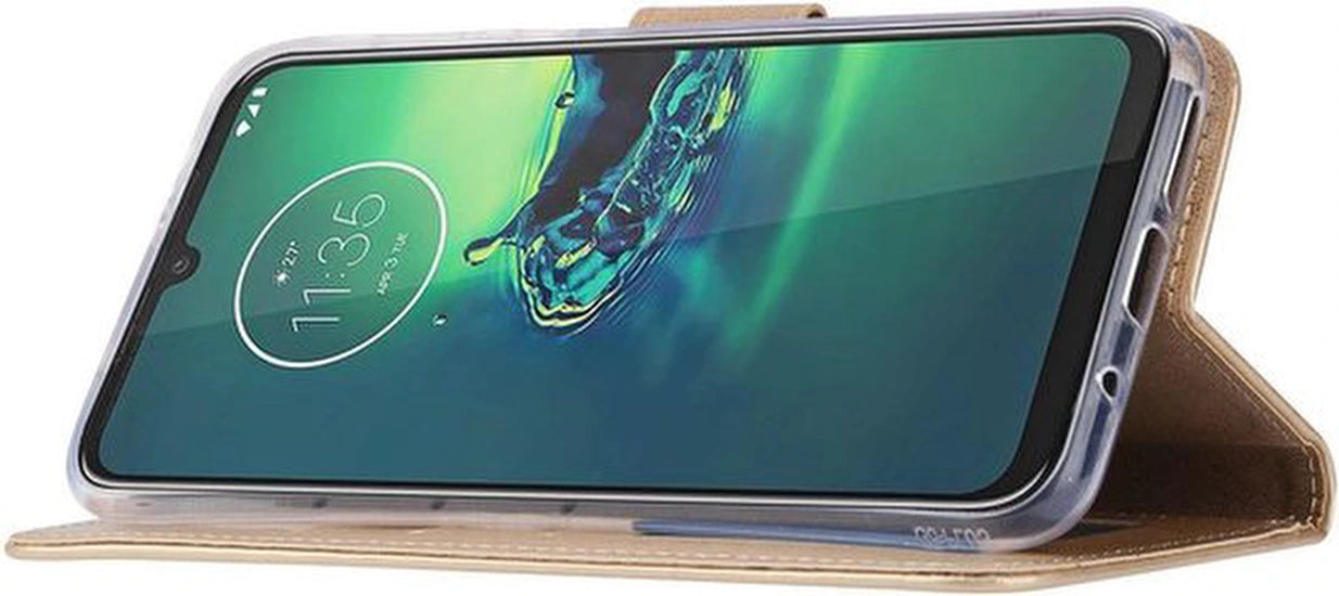 Motorola Moto G8 Plus Hoesjes – Portemonnee Backcover – Pasjeshouder – 2x Screenprotector – Goud
